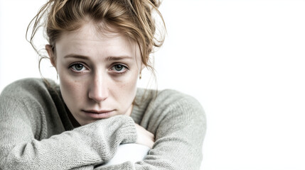 Young Woman with Light Hair and Blue Eyes in Casual Sweater Resting on White Background