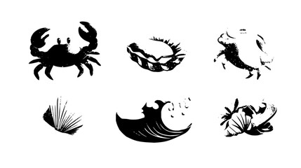 Illustration of crab, oyster, sea wave, and seashells in black and white with a grunge texture style