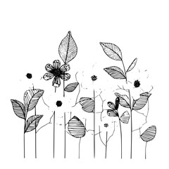 A hand drawn illustration of flowers and leaves with detailed line work in black and white simple drawing