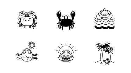 Collection of beach themed doodles featuring crabs, seashell, fish, waves and palm trees in black and white