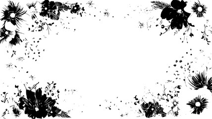 Floral frame with black and white flowers and leaves creating a border for text or images