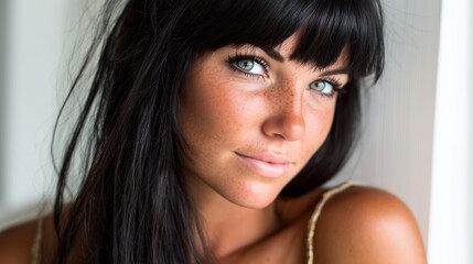 Young Woman with Blue Eyes and Dark Hair Smiling in Natural Light
