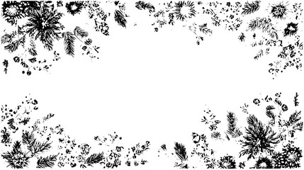 A floral frame with various plant elements including pine branches and berries in a black and white design style