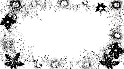 Black and white floral frame with poinsettias and spiky flowers creating a border around a blank space