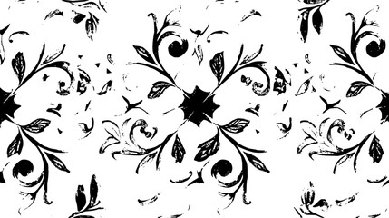 Black and white floral pattern with swirling leaves and a central starburst design creating symmetry and flow