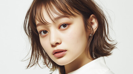 Young Woman with Short Wavy Brown Hair Neutral Expression in Studio