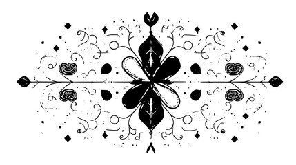 Ornamental design with floral elements leaves and swirls in a symmetrical arrangement black and white style