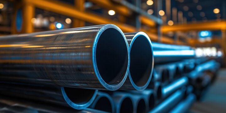 Close-up view of stacked steel pipes in a factory warehouse showcasing industrial production and installation materials for construction applications