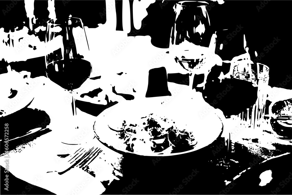 Aufkleber a stylized monochrome image featuring a table setting with wine glasses and a plate of food centered
