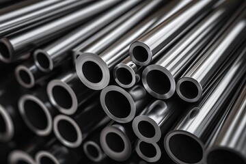 Stack of polished steel pipes with smooth shiny surfaces and visible interiors against a dark background, emphasizing reflective texture and industrial precision