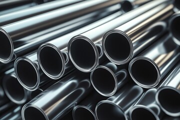Close-up of stacked chrome-finished steel pipes with sleek surfaces and visible shadows on a dark background, highlighting industrial quality and precision for construction or mechanical applications
