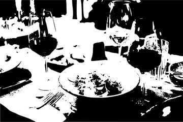 A stylized monochrome image featuring a table setting with wine glasses and a plate of food centered