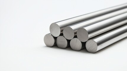 Stack of polished stainless steel round bars with reflective surfaces neatly arranged on a clean white background, showcasing industrial metal materials for construction and manufacturing applications