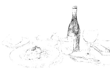 Elegant still life drawing featuring a wine bottle, glasses, plate, and cutlery on a white background