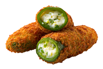 Three breaded and fried jalapeno poppers stuffed with cheese, isolated on white on transparent background