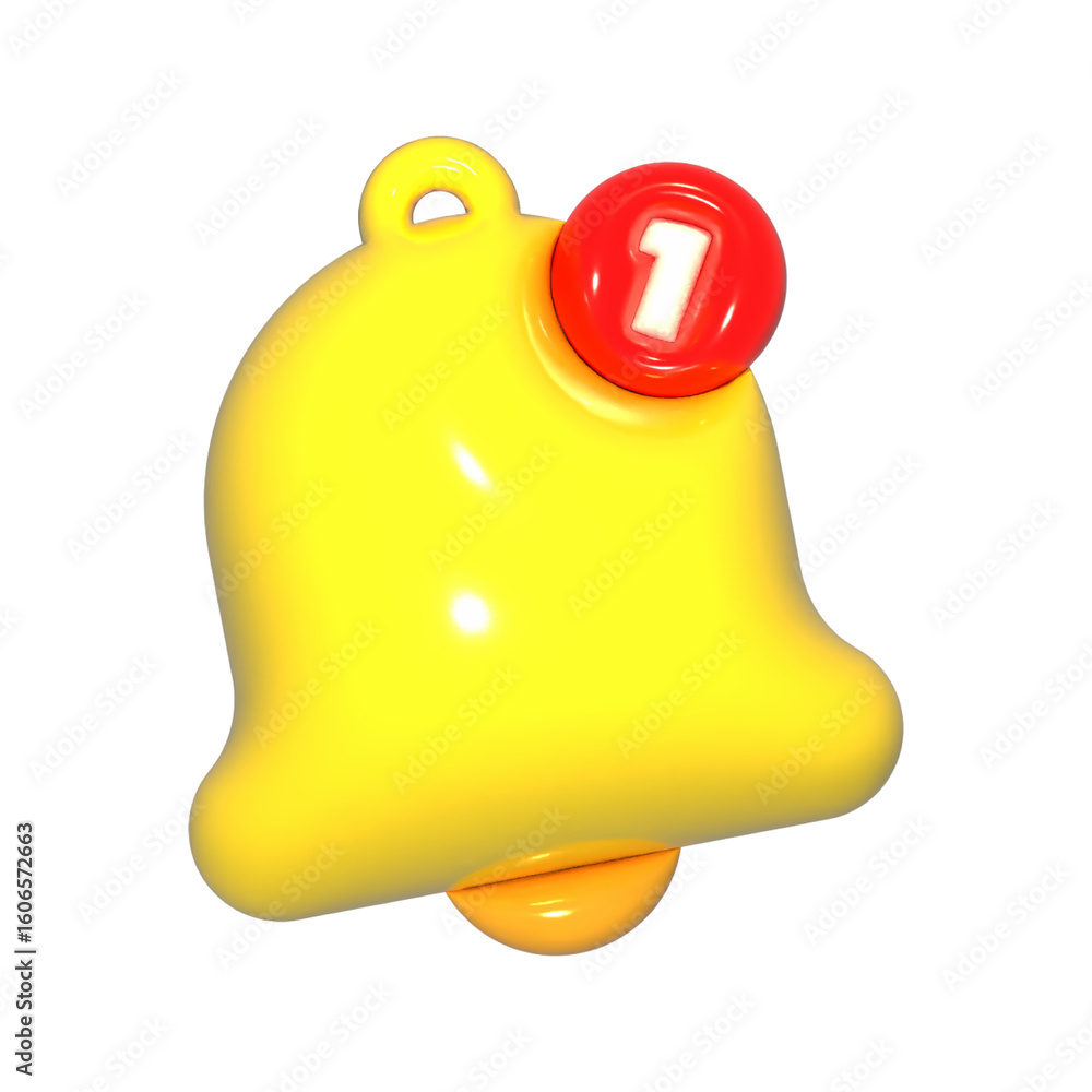 Poster 3D Notification Bell Icon with Red Badge Number 1 Isolated on Transparent Background