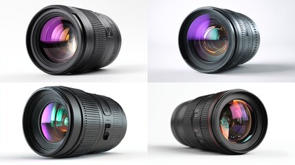 Four angled views show black camera lens, glass reflecting colorful light, isolated on white background
