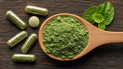 Green powder in wooden spoon, capsules, and leaf sprigs on dark wood