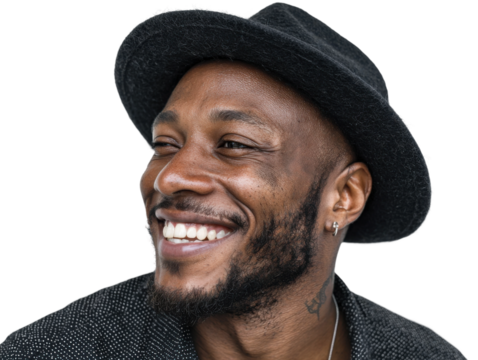 Joyful portrait of smiling man in hat studio photography bright. Isolated on transparent background, png.