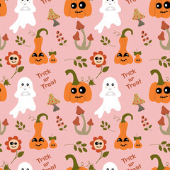 Seamless Halloween pattern with smiling kawaii pumpkins, flying bats, cute ghosts, poison bottles, mushrooms, and spooky candies. Perfect for kids textiles, party decor, and wrapping.