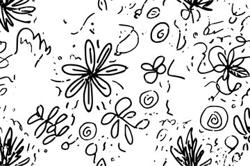 Black and white floral pattern with hand drawn flowers and abstract shapes on a white background design