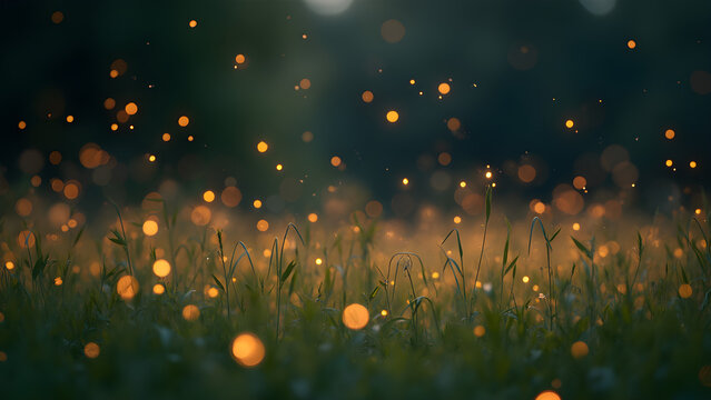 fireflies glowing in the meadow at night. ultra realistic nighttime meadow scene. enchanting firefly light display in nature. magical summer nights with fireflies.