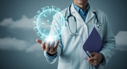 Doctor holding a digital representation of a virus with a stethoscope and a folder in hand