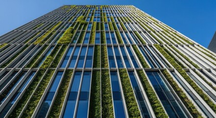 Towering facade with vertical green walls