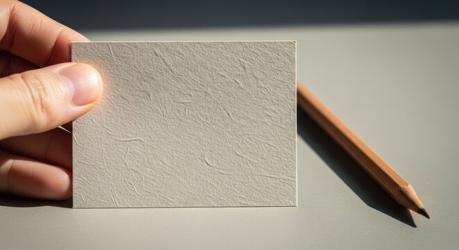 Hand holding a textured, blank square card next to a wooden pencil