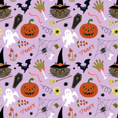 Seamless pattern with ghost, cat in witch hat, bat, and pumpkin, coffin, spider, lettering on purple background for Halloween. For prints, packaging, backdrops, stickers, posters,spooky decorations.