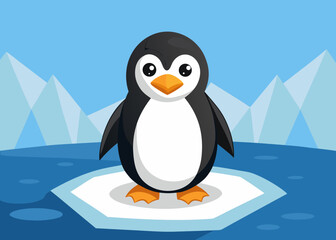 Fototapeta premium Cute cartoon penguin standing on an ice floe in the ocean