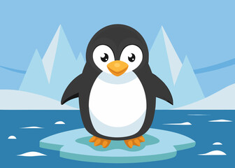 Obraz premium Cute cartoon penguin standing on an ice floe in the ocean