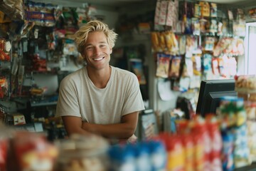 Fototapeta premium Friendly cashier in a brightly lit convenience store, surrounded by colorful snacks and essential items, ready to assist.