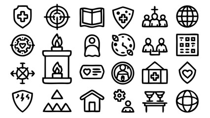 Modern vector icon set of 40 society and community concepts. Grid-aligned, no boxes, minimal outline style. Ideal for NGOs, education, diversity, and awareness.

