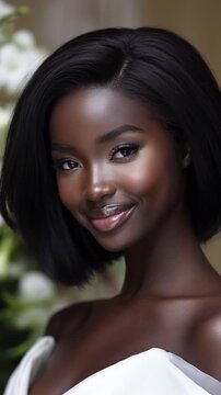Beautiful young woman smiling confidently in stylish clothing. Close-up video portrait with natural expression, soft lighting, and modern fashion vibe. Perfect for beauty and lifestyle themes.555