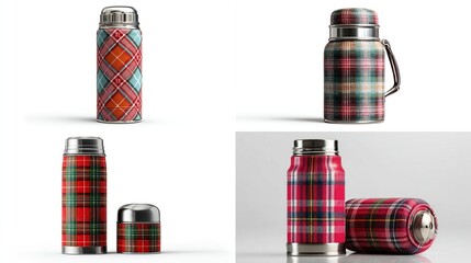 Four insulated flasks with various colorful plaid patterns on a white backdrop