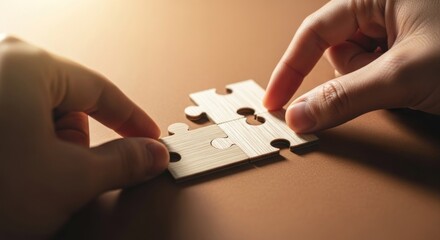 Hands assembling wooden puzzle pieces on a brown surface in sunlight