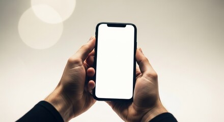 Hands hold a smartphone with a blank white screen, blurry background