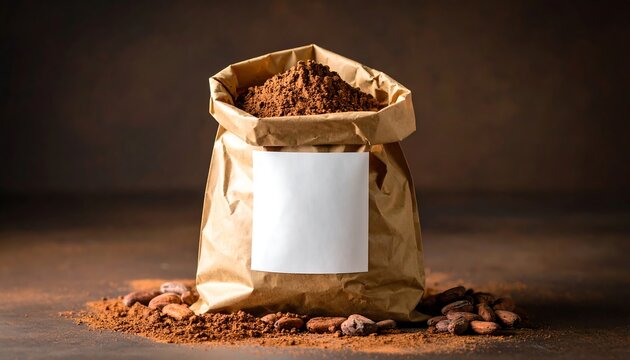 Brown paper bag of cocoa powder with cocoa beans