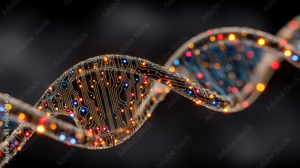 Poster dna helix merges with ai circuits representing advanced biotechnology in vibrant colors