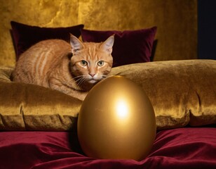 Cat and Golden Egg: An orange tabby cat gazes intently at a radiant golden egg resting on a luxurious velvet-covered surface. A dreamlike portrayal of value through still life. Ai generated image