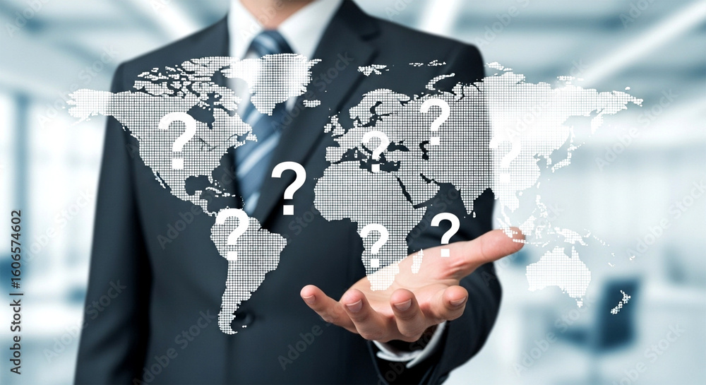 Poster businessman presenting a world map with question marks hovering above his outstretched hand in a sui