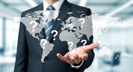 Businessman presenting a world map with question marks hovering above his outstretched hand in a suit