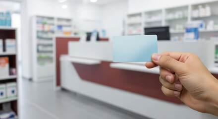Hand holding a card in a pharmacy with shelves and a counter in the background with blurred effect