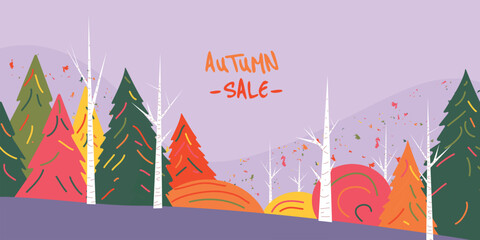 autumn fall landscape, web banner, poster, card cover, colorful forest, discount sales advertising, shopping background