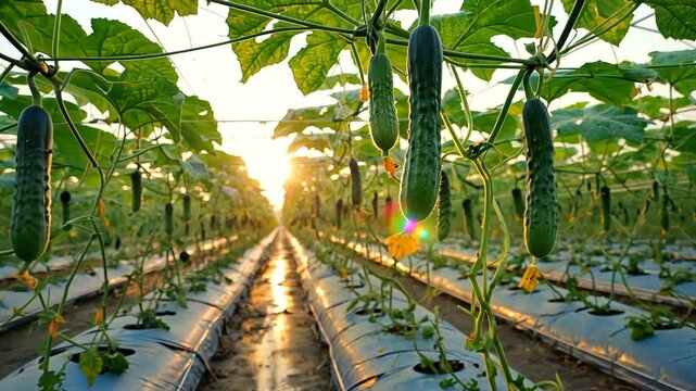 Sunlit cucumber farm showcasing rows of healthy plants with ripe cucumbers under a golden sunset