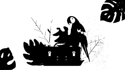 Silhouette of parrot perched on a briefcase surrounded by tropical leaves and branches in black and white