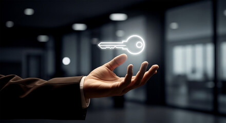 A hand in a suit reaching up towards a glowing key in a dark office environment setting indoors
