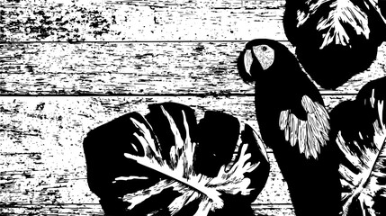 Black and white illustration of a parrot with tropical leaves on a wooden plank background texture