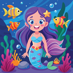 Cartoon mermaid with tropical fish swimming in the blue ocean